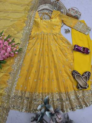 Yellow fendy silk embroidered sequince work anarkali kurta set 3