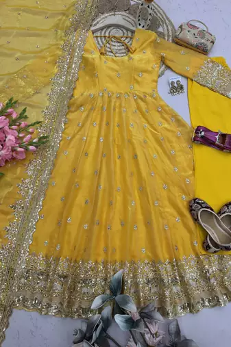 Yellow fendy silk embroidered sequince work anarkali kurta set