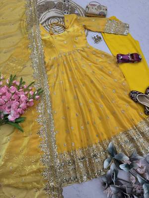 Yellow fendy silk embroidered sequince work anarkali kurta set 4