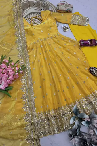 Yellow fendy silk embroidered sequince work anarkali kurta set