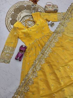 Yellow fendy silk embroidered sequince work anarkali kurta set 5