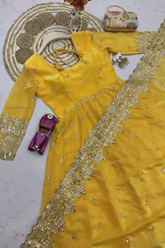 Yellow fendy silk embroidered sequince work anarkali kurta set