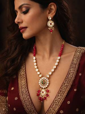 gold plated kundan long necklace set 1