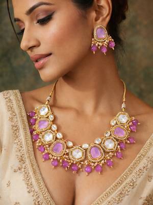 gold plated pink stone choker set 1