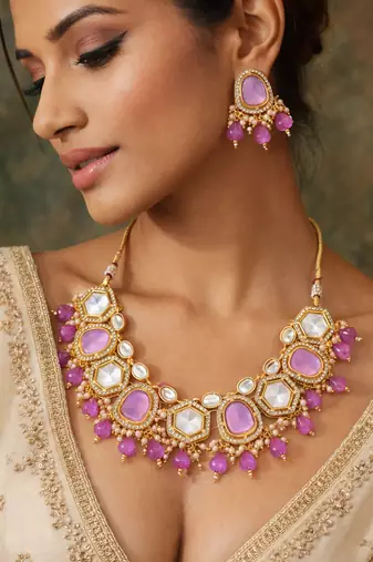gold plated pink stone choker set