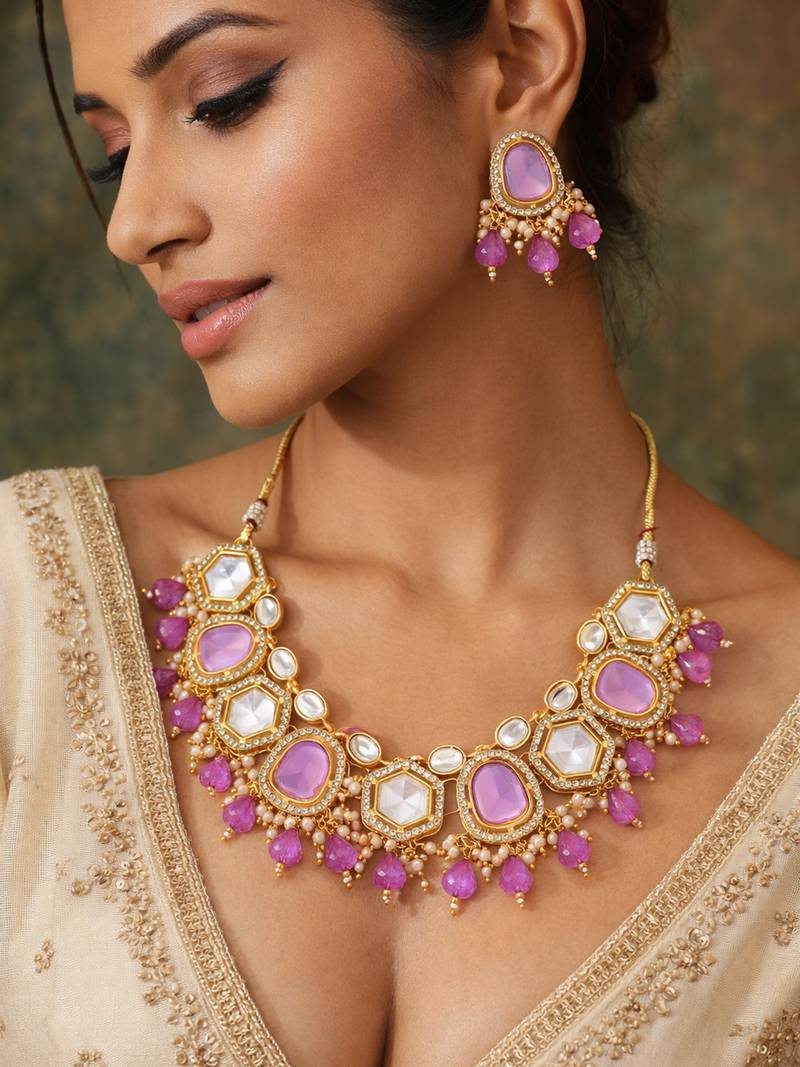 gold plated pink stone choker set