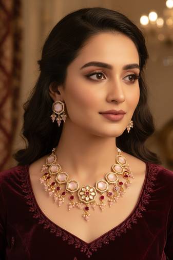 gold plated pink stone necklace set
