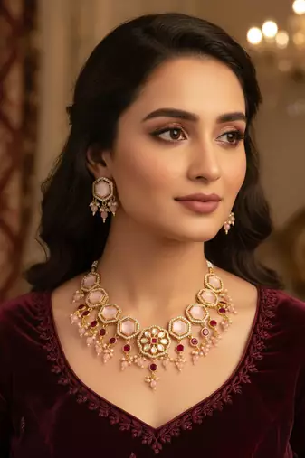 gold plated pink stone necklace set