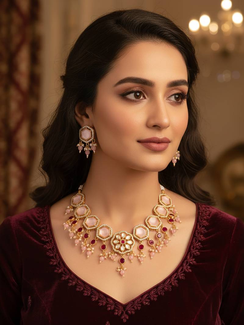 gold plated pink stone necklace set