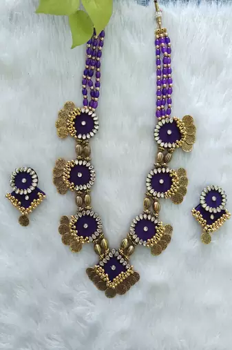 Handcrafted Deep Purple Fabric Kundan & Coin Statement Necklace Set
