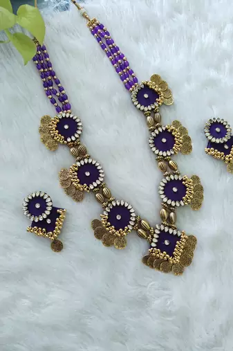 Handcrafted Deep Purple Fabric Kundan & Coin Statement Necklace Set