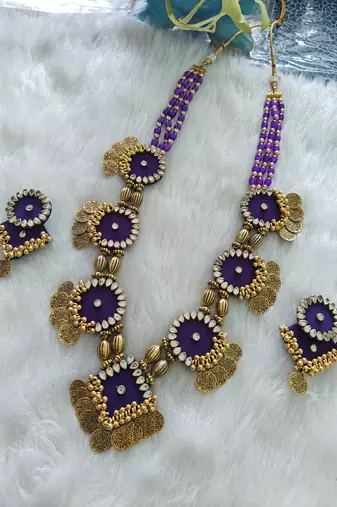 Handcrafted Deep Purple Fabric Kundan & Coin Statement Necklace Set