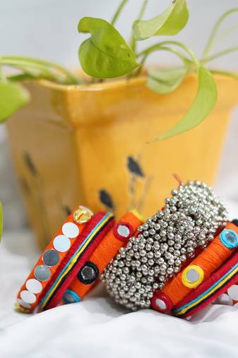 Handcrafted Orange Thread Mirror & Ghugri Statement Bangle Stack