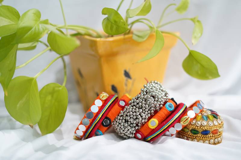 Handcrafted Orange Thread Mirror & Ghugri Statement Bangle Stack