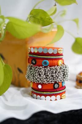 Handcrafted Orange Thread Mirror & Ghugri Statement Bangle Stack 2