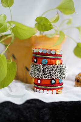 Handcrafted Orange Thread Mirror & Ghugri Statement Bangle Stack 3