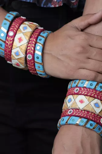 Handcrafted Sky Blue & Rani pink Fabric Bangle Stack