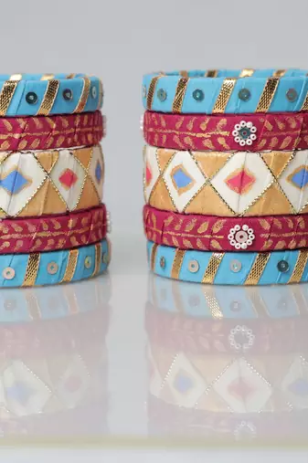 Handcrafted Sky Blue & Rani pink Fabric Bangle Stack