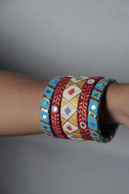 Handcrafted Sky Blue & Rani pink Fabric Bangle Stack 4