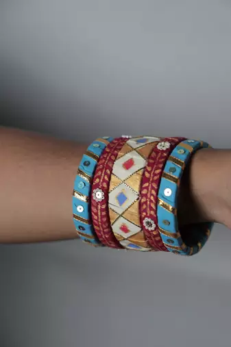 Handcrafted Sky Blue & Rani pink Fabric Bangle Stack