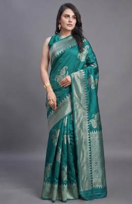 Teal radiance cotton silk saree with woven zari work 1