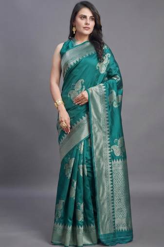 Teal radiance cotton silk saree with woven zari work