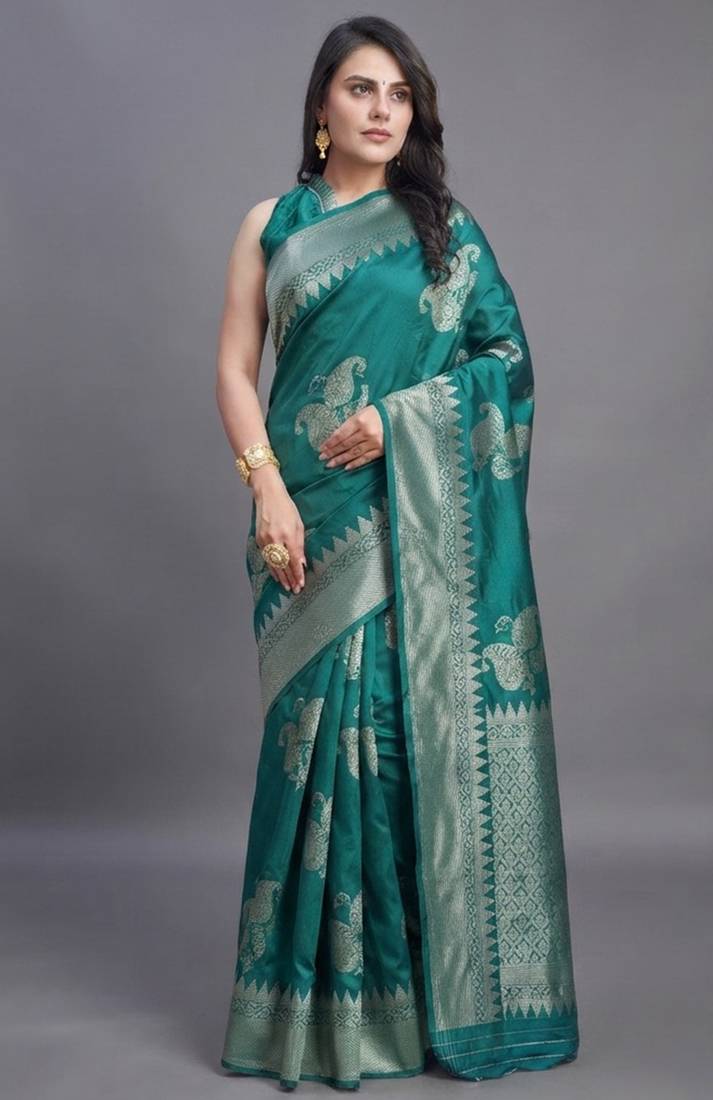 Teal radiance cotton silk saree with woven zari work