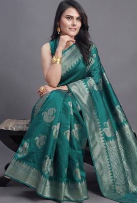 Teal radiance cotton silk saree with woven zari work 2