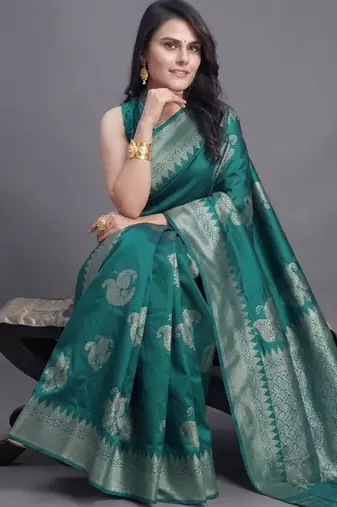 Teal radiance cotton silk saree with woven zari work
