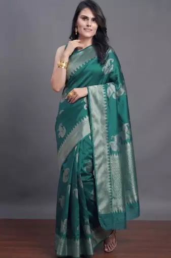 Teal radiance cotton silk saree with woven zari work