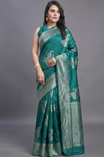 Teal radiance cotton silk saree with woven zari work