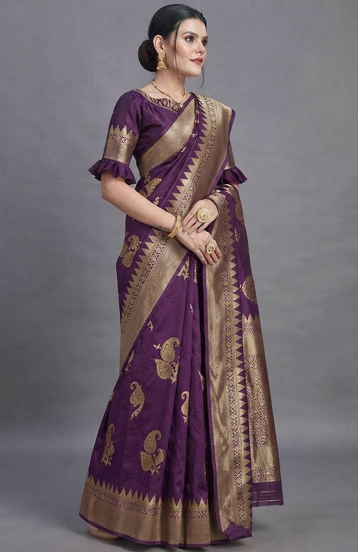 Purple cotton silk saree with woven zari work