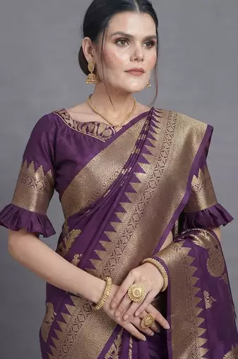 Purple cotton silk saree with woven zari work