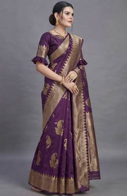 Purple cotton silk saree with woven zari work 4