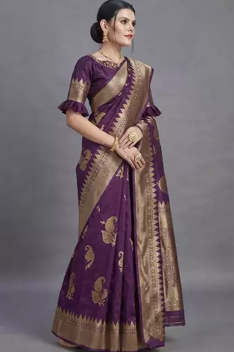 Purple cotton silk saree with woven zari work