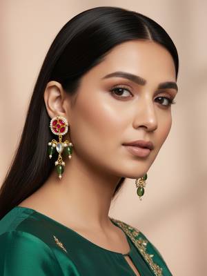 red green kundan drop earrings 6