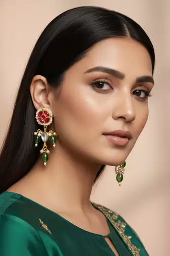 red green kundan drop earrings