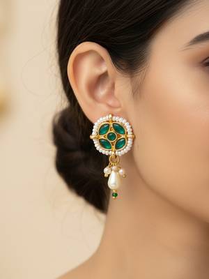 gold plated green stone pearl drop earrings 6