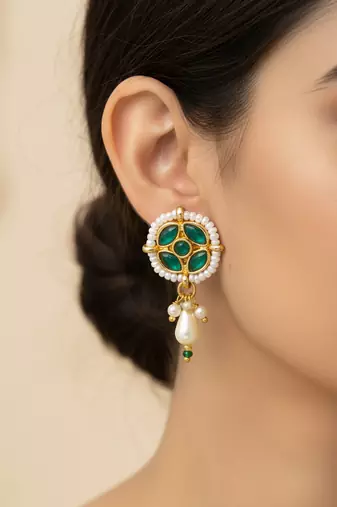 gold plated green stone pearl drop earrings
