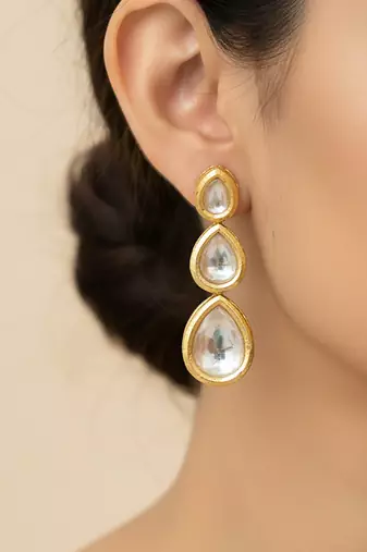 gold plated triple teardrop kundan earrings