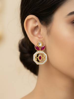 gold plated geometric octagon red stone earrings 6