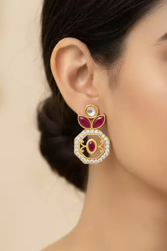 gold plated geometric octagon red stone earrings