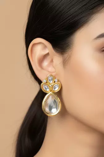 gold plated statement white stone cluster earrings