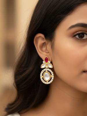 gold plated oval halo drop earrings with red accent 6