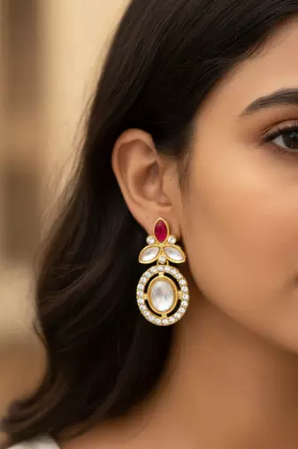 gold plated oval halo drop earrings with red accent