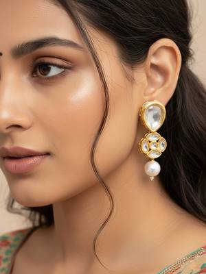 gold plated long pear drop earrings with pearl dangle 6