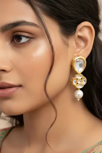 gold plated long pear drop earrings with pearl dangle