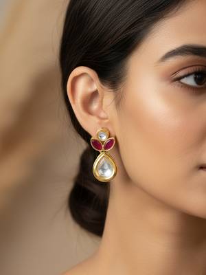 gold plated floral motif ruby and white stone drop earrings 6
