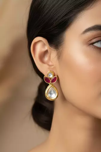 gold plated floral motif ruby and white stone drop earrings