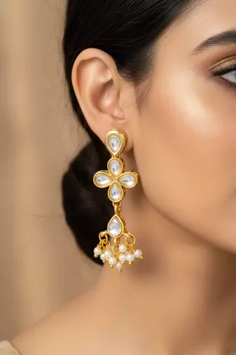 floral kundan dangler earrings with pearl accents